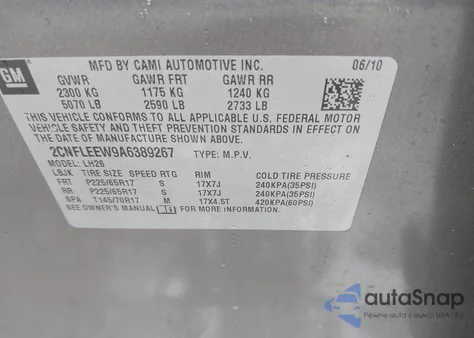 2010 Chevrolet Equinox Lt z USA, uszkodzony, nr VIN 2CNFLEEW9A6389267